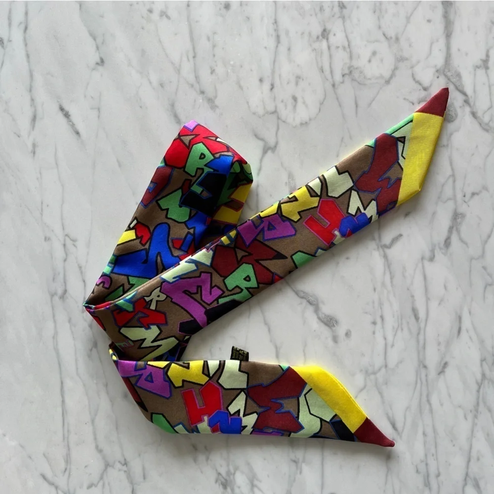 Silk Twilly Scarf, Graffiti Pattern, Multicolor